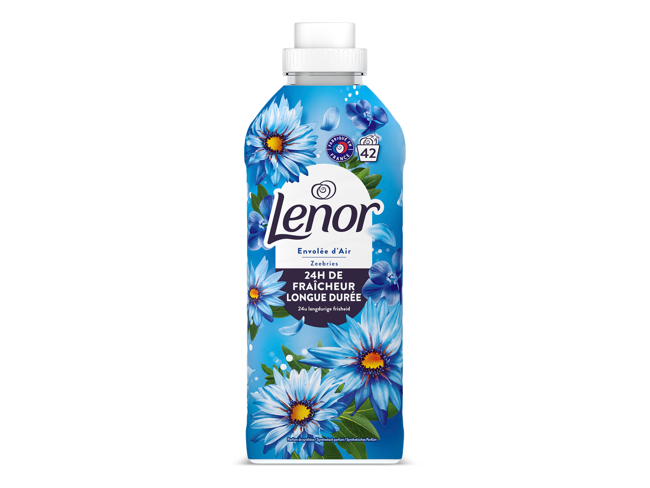 Fles wasverzachter met blauwe bloemen en de tekst '24H DE FRAÎCHEUR LONGUE DURÉE'.