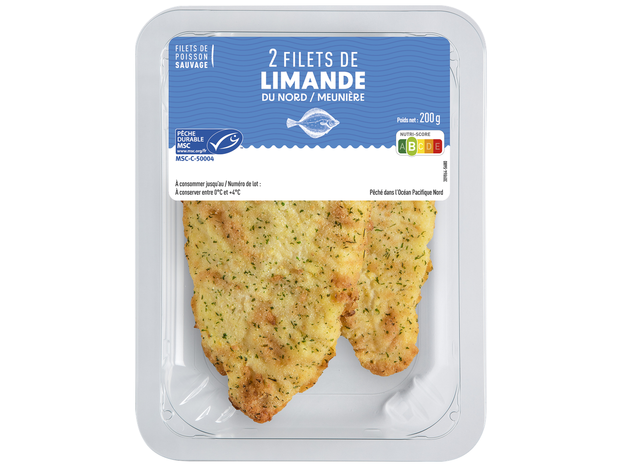 Filets de limande du Nord meunière, 200g, Nutri-Score B, pêche durable MSC.