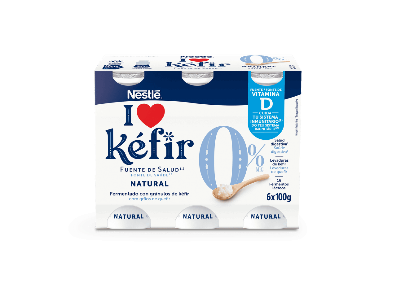 Embalagem de iogurte de kefir natural com 0% de gordura, fonte de vitamina D, 6x100g.