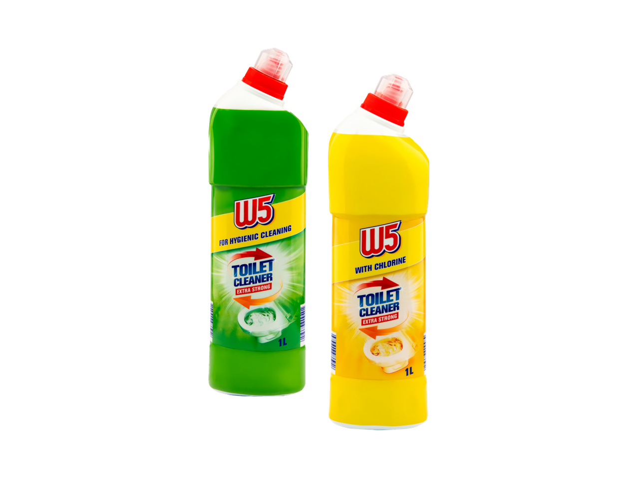 Dve boce W5 sredstva za čišćenje toaleta, jedna zelena za higijensko čišćenje, druga žuta sa hlorom.