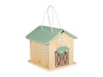 Wooden toy barn with a green roof, white rope handle, and animal illustrations.