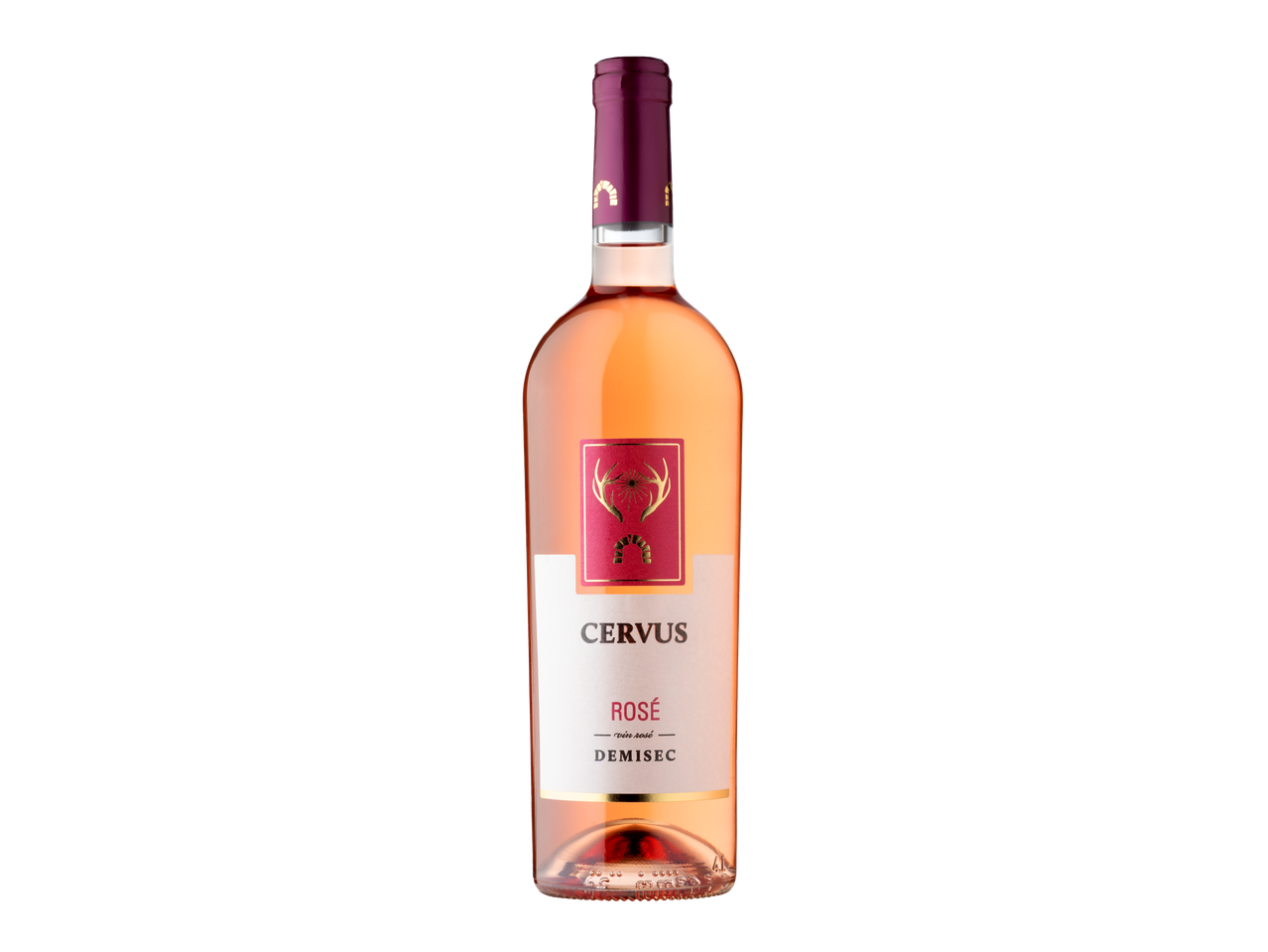 O sticlă de vin rosé Cervus Demisec pe un fundal negru.