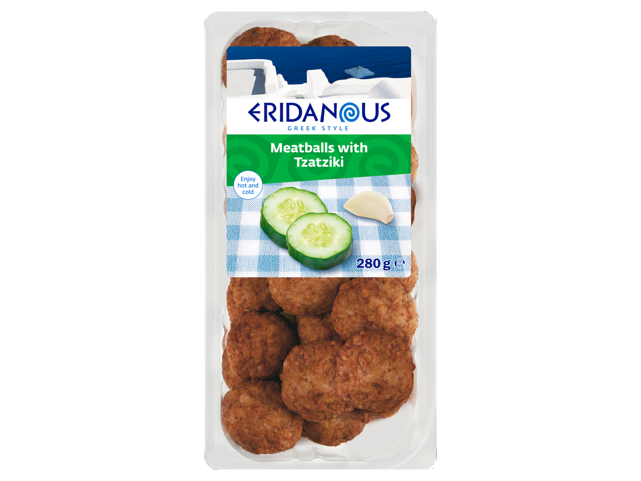 Eridanous Greek-Style Meatballs with Tzatziki, 280g, featuring cucumber and garlic.