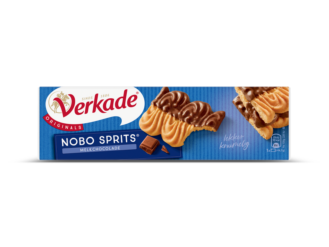 Verkade Nobo Sprits melkchocolade koekjes waarvan er één is aangebeten.