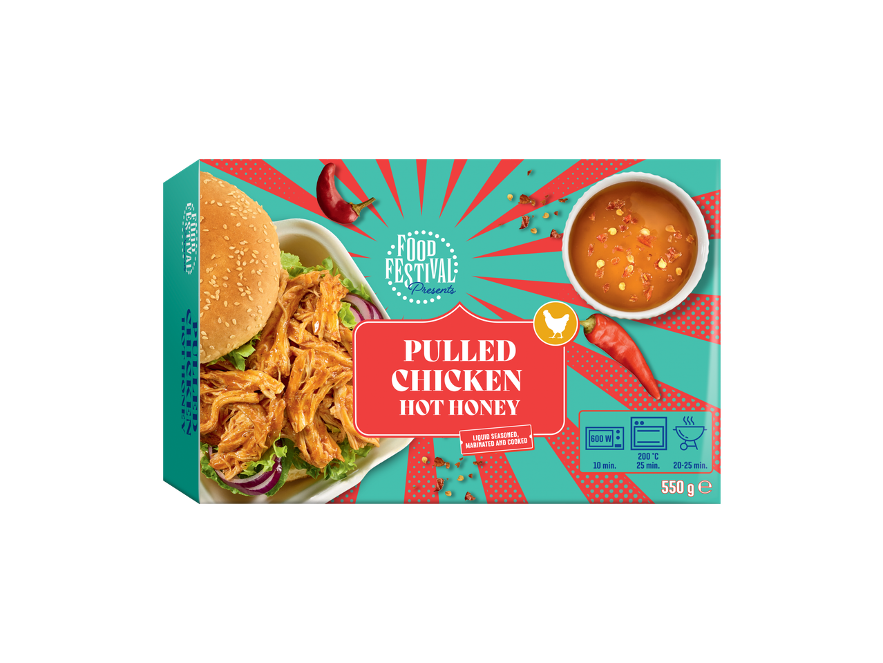 Food Festival Pulled Chicken Hot Honey verpakking met een burger en saus.