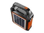 Portable solar power bank with an orange and black casing, integrated solar panel, and handle.