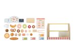 A toy bakery set with a counter, various pastries, a menu, and play money.