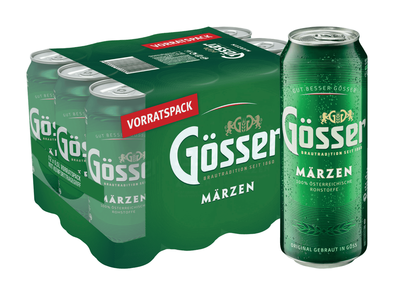 Ein 12er-Pack Gösser Märzen Bierdosen und eine einzelne Dose daneben.
