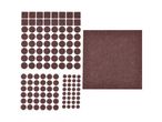 Brown felt furniture pads in various shapes and sizes, including squares and circles.