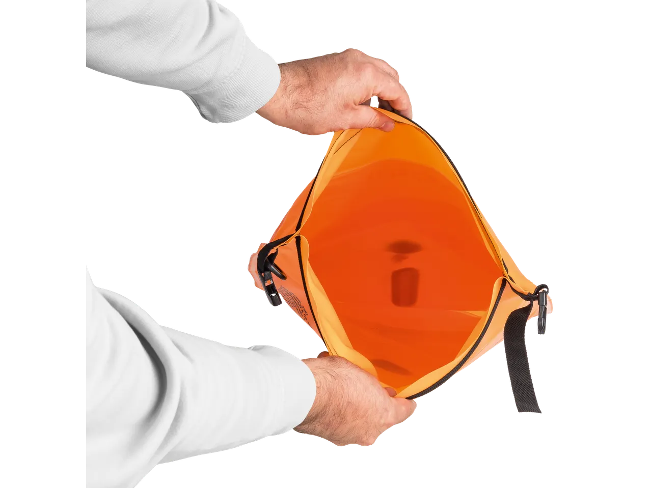 CRIVIT Open Water Swimming Buoy, orange, held open by hands