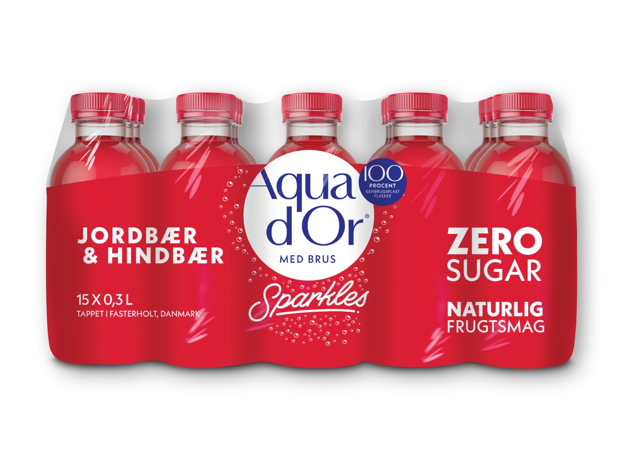 En seks-pak Aqua d'Or Jordbær & Hindbær med nul sukker.