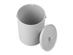 Open grey metal bin with lid on a white background