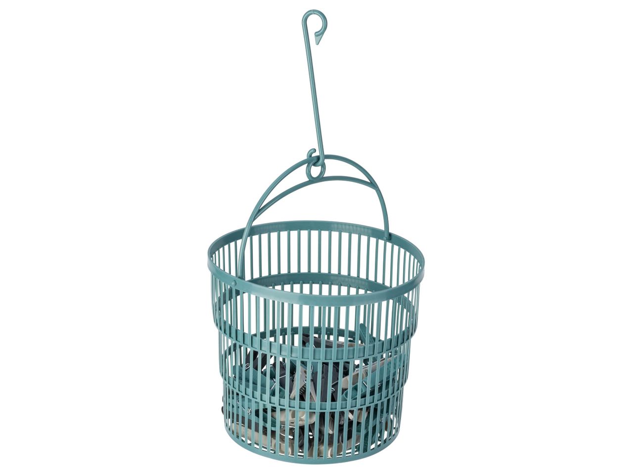 A teal plastic laundry basket filled with clothes pegs, hanging from a hook.