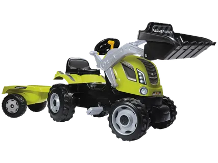 Pedálos traktor homlokrakodóval és utánfutóval