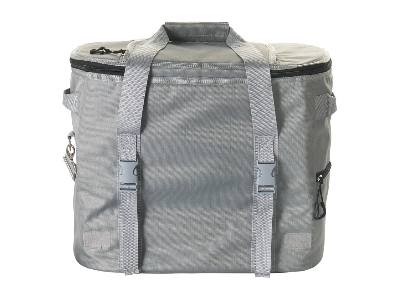 Grey insulated cooler bag with top handle, zipper closure, and side buckles.