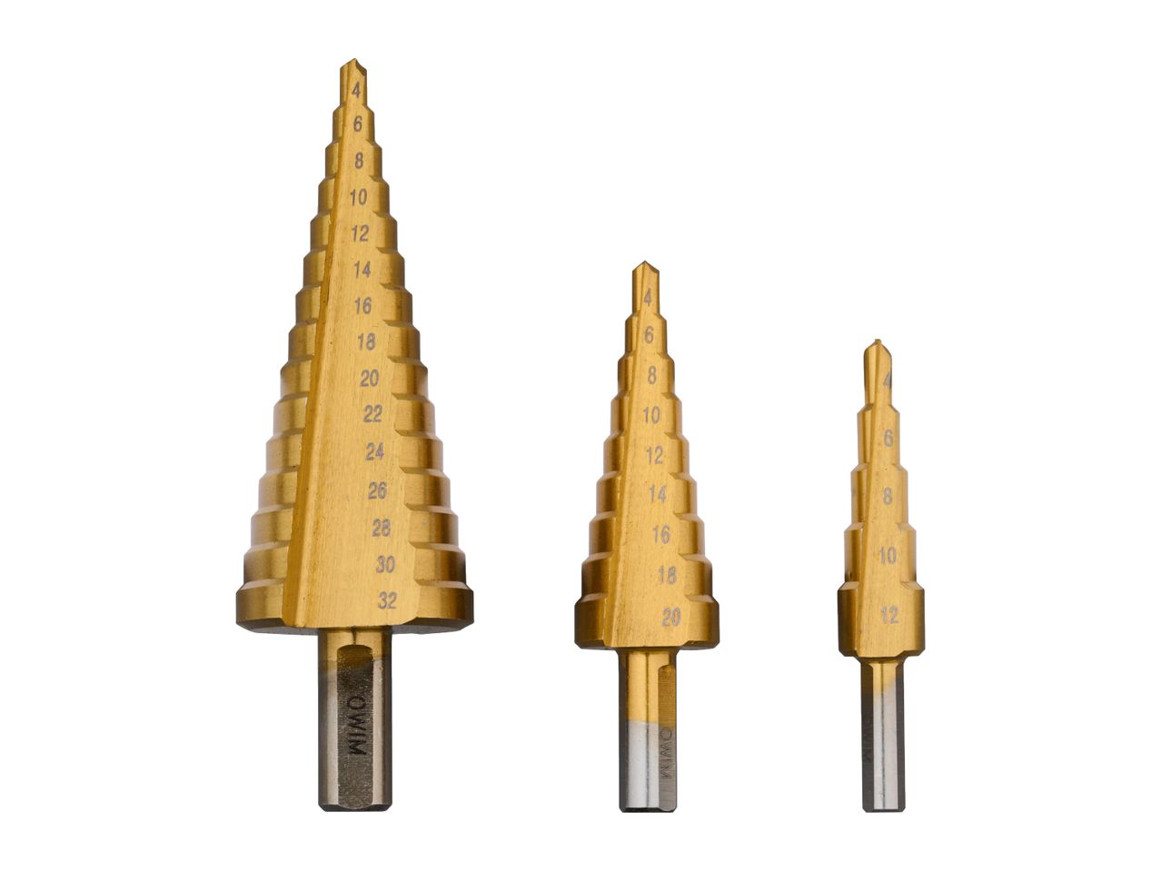 Three gold-colored OWIM step drills of varying sizes, with measurements from 4mm to 32mm.