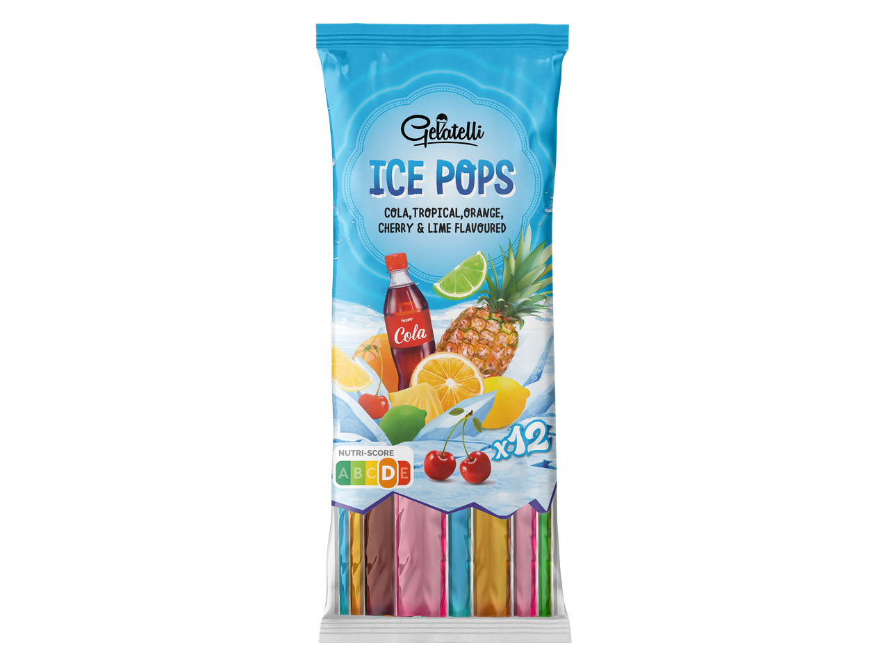 Sachet de bâtonnets glacés aux saveurs cola, tropical, orange, cerise et citron vert, avec un Nutri-Score D.