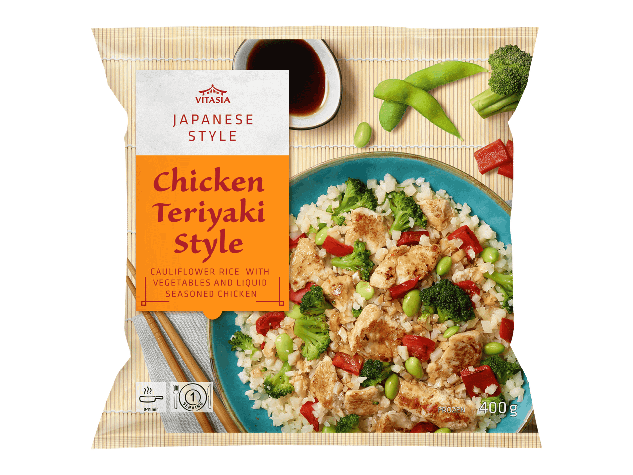 Pakkaus japanilaistyylistä kana-teriyakia kukkakaaliriisillä ja vihanneksilla, 400 g.