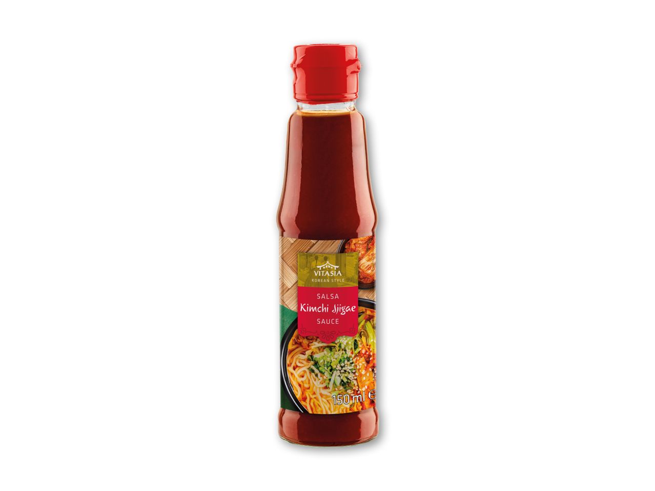 En flaske koreansk kimchi jjigae-sauce med en rød etiket, der viser en skål nudler.
