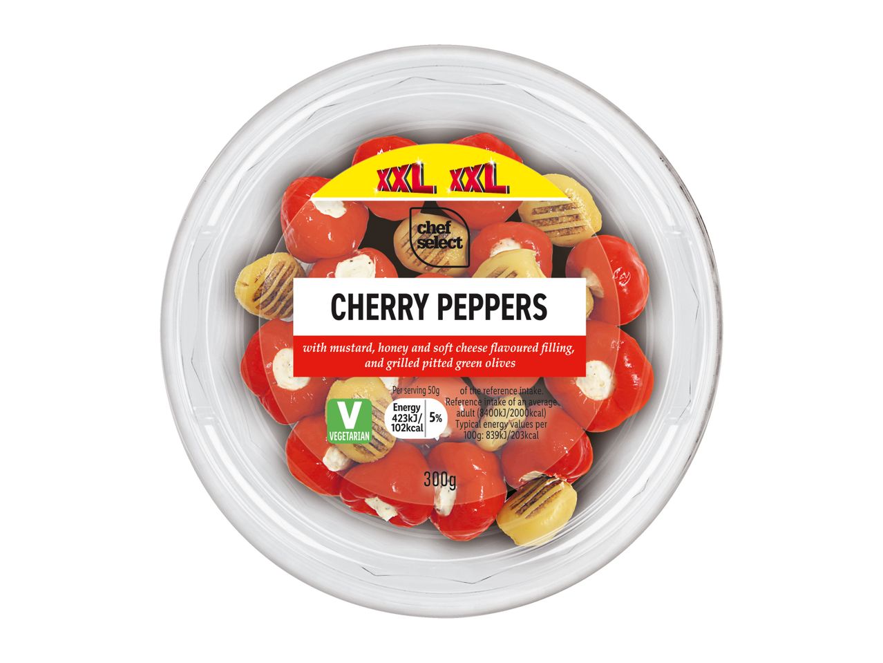 Chef Select XXL Cherry Peppers: A 300g container of stuffed peppers with mustard, honey, and soft cheese filling, alongside grilled olives.