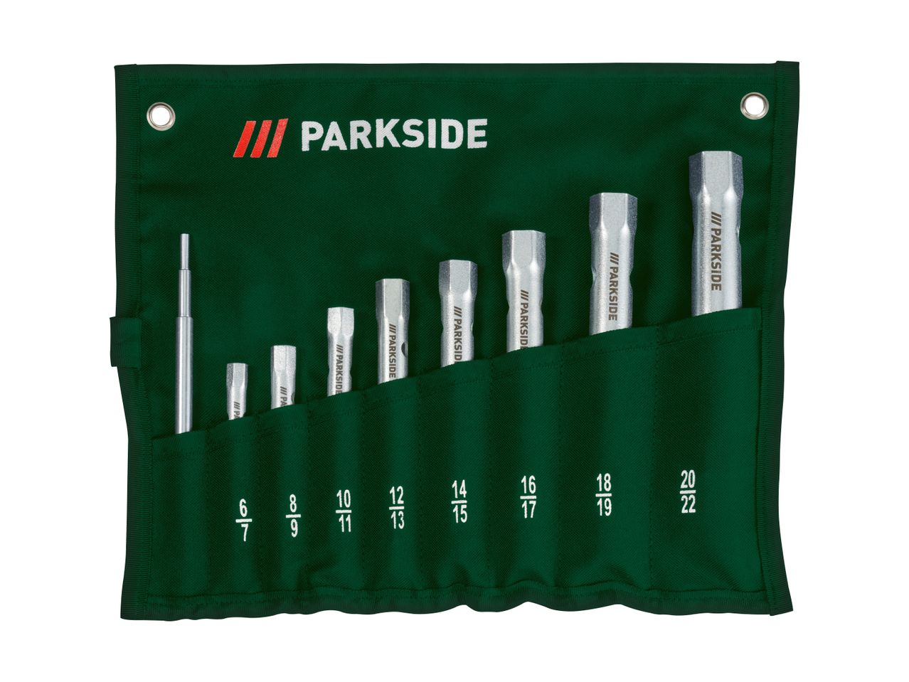 Socket wrench set in a dark green fabric roll-up pouch with various sizes.