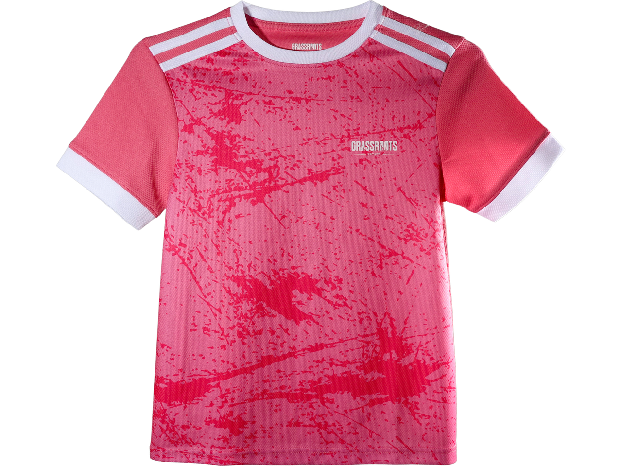 Pink short-sleeved sports t-shirt with a red splatter pattern and white stripes on the shoulders.