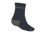 Dark blue sock with two olive green stripes at the top and an olive green heel