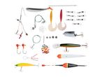 A collection of fishing tackle including lures, hooks, swivels, weights, and floats.