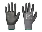 Two gray and black work gloves, one showing the palm and the other the back with branding.