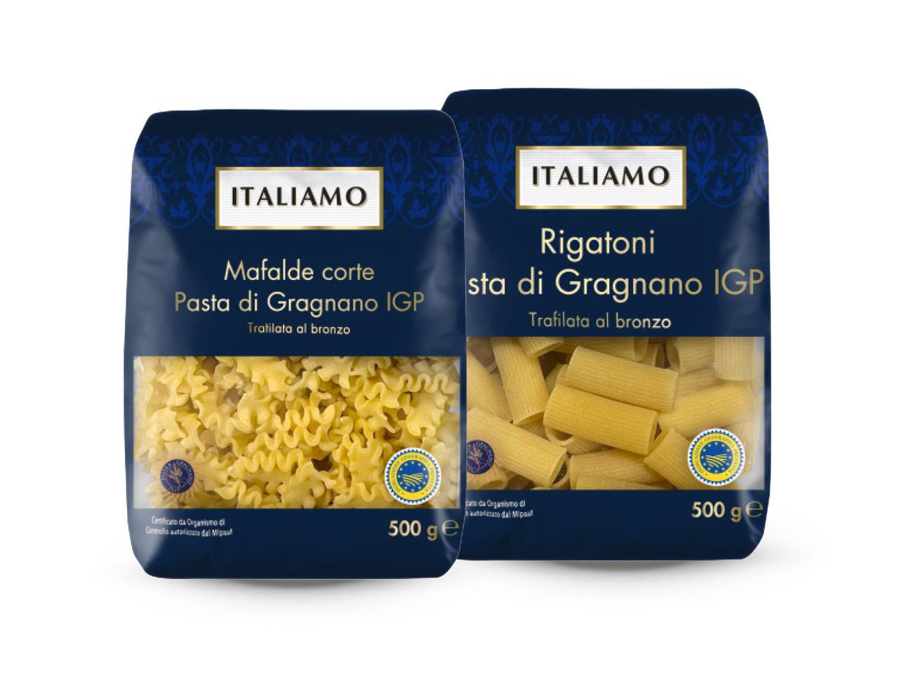 Dva pakiranja tjestenine Italiamo, mafalde corte i rigatoni, s oznakom IGP.