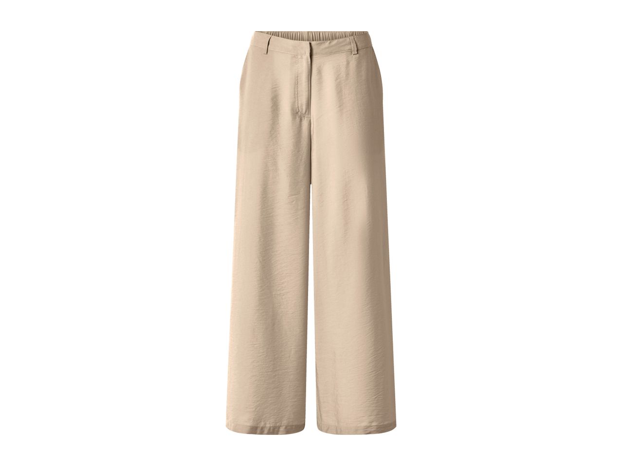 Beige wide-leg trousers with an elasticated waist and front button closure.