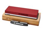 Parkside two-sided sharpening stone with bamboo base and honing steel.