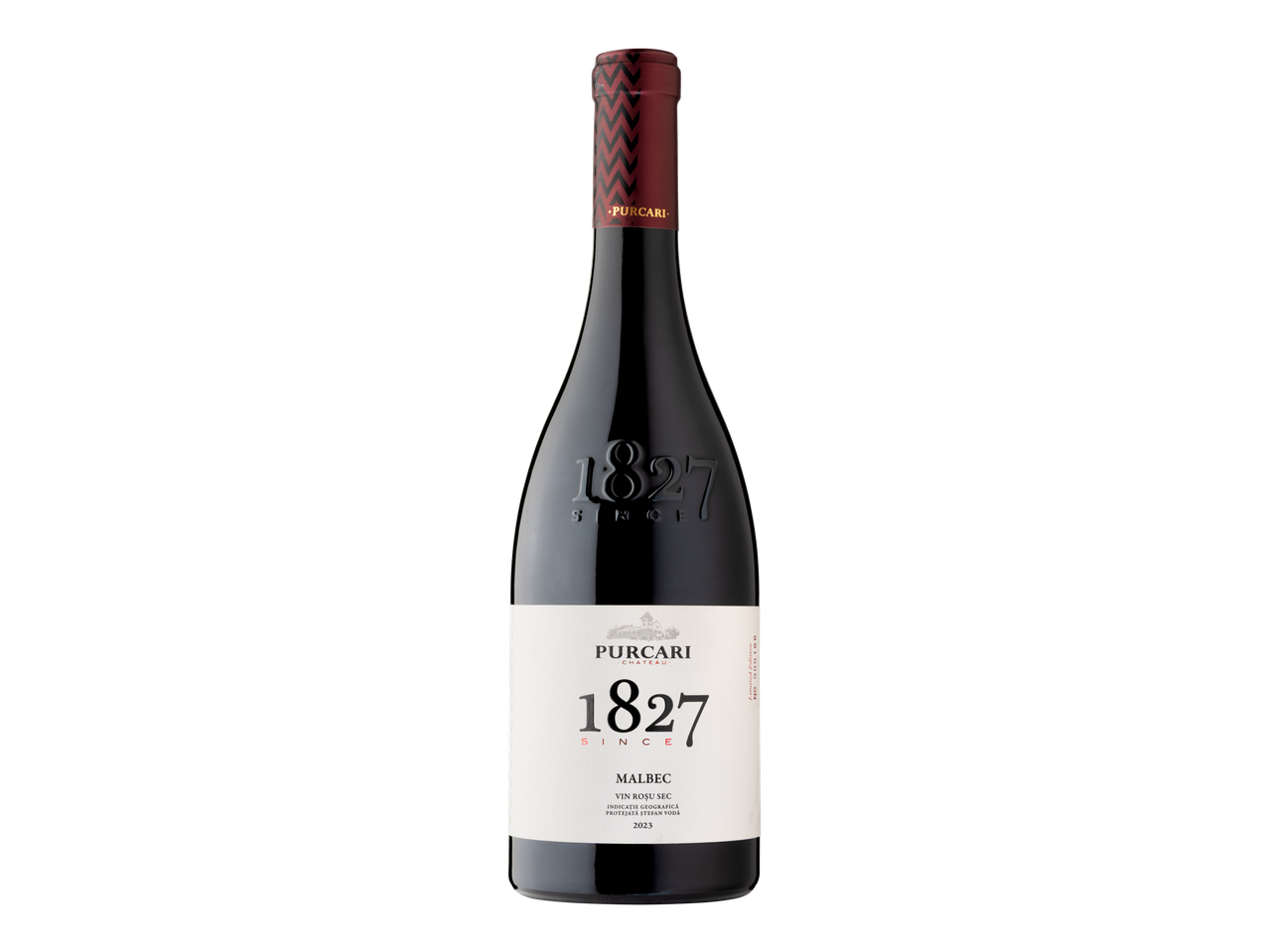 Sticlă de vin roșu sec Purcari 1827 Malbec.