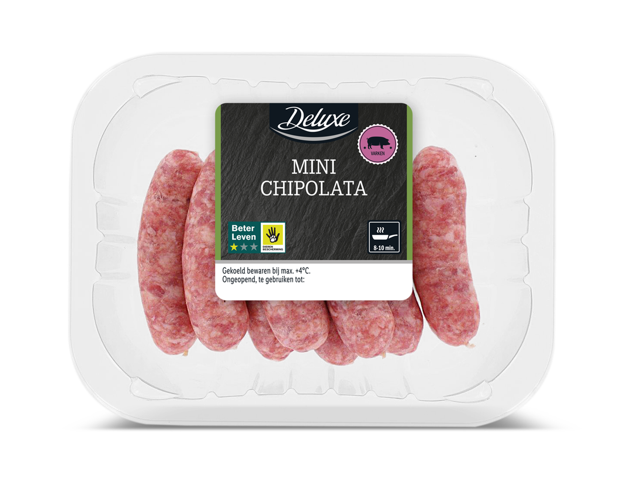 Verpakking met mini chipolata worstjes, met een label dat aangeeft dat het varkensvlees is en 8-10 minuten bereidingstijd.