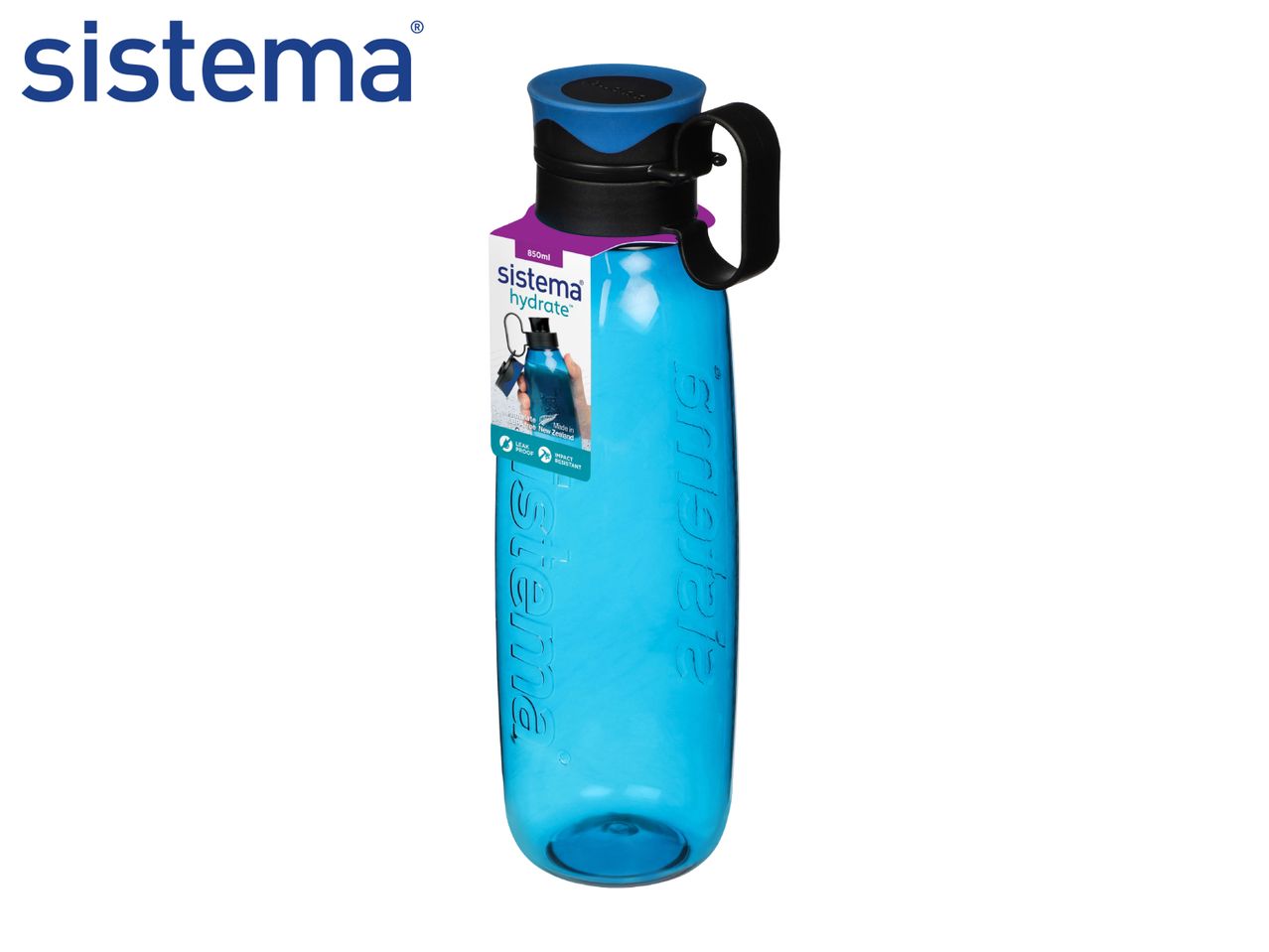 Blue plastic water bottle with a black and blue lid and a carrying handle