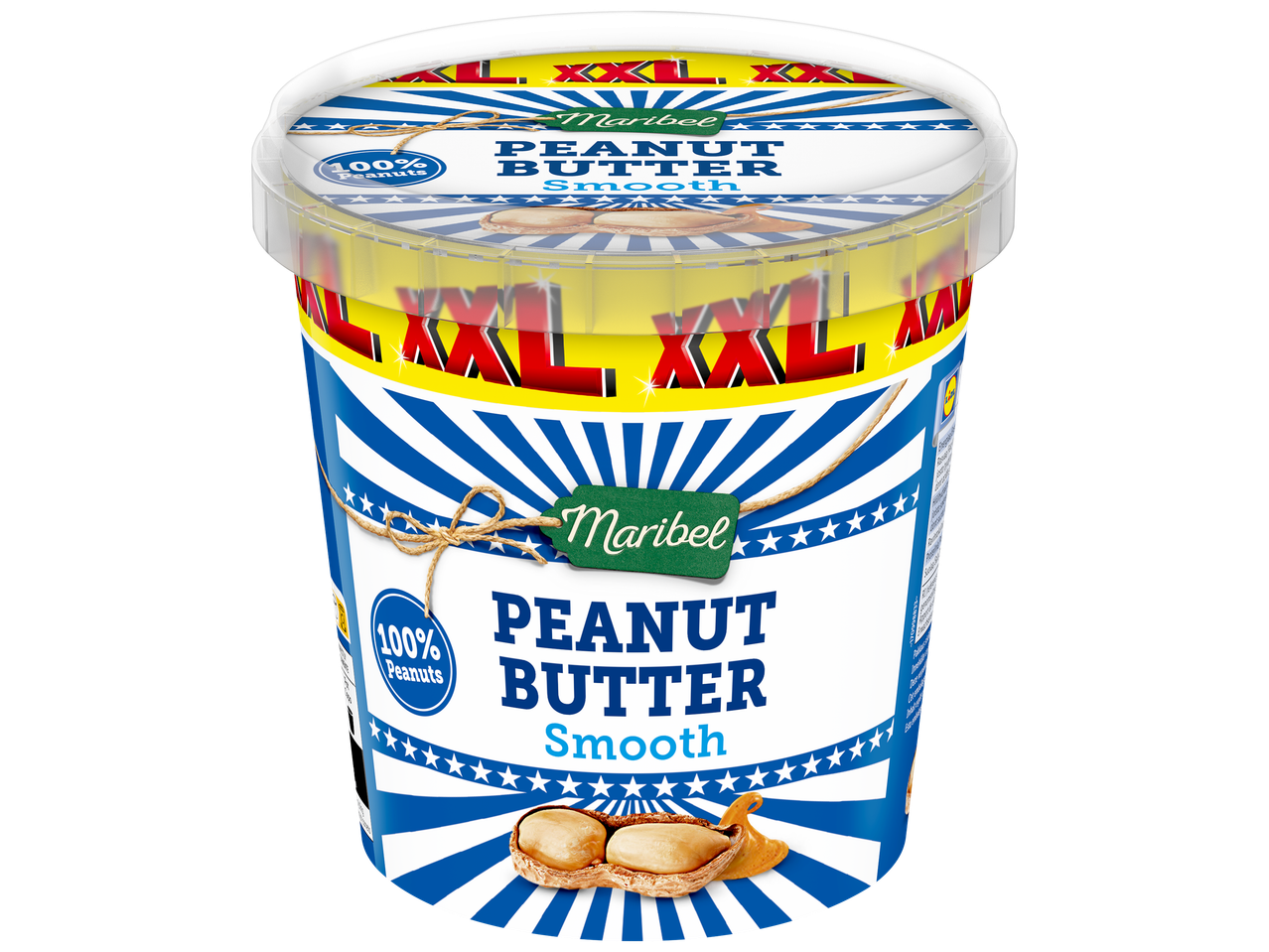 Pot de beurre de cacahuète lisse, avec l'étiquette '100% Peanuts' et 'XXL'.