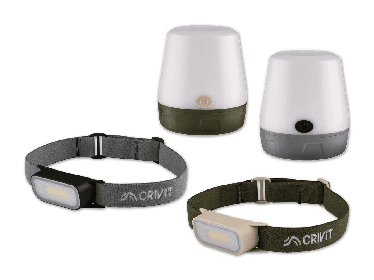 Zwei Campinglaternen und zwei Stirnlampen in verschiedenen Farben.