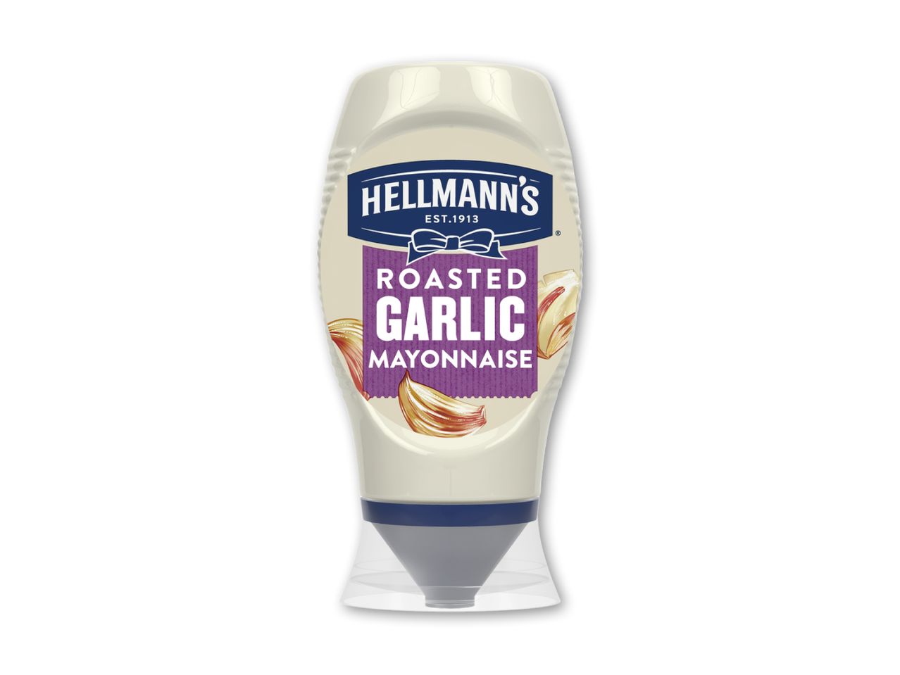 Flaske med mayonnaise med ristet hvidløgssmag.