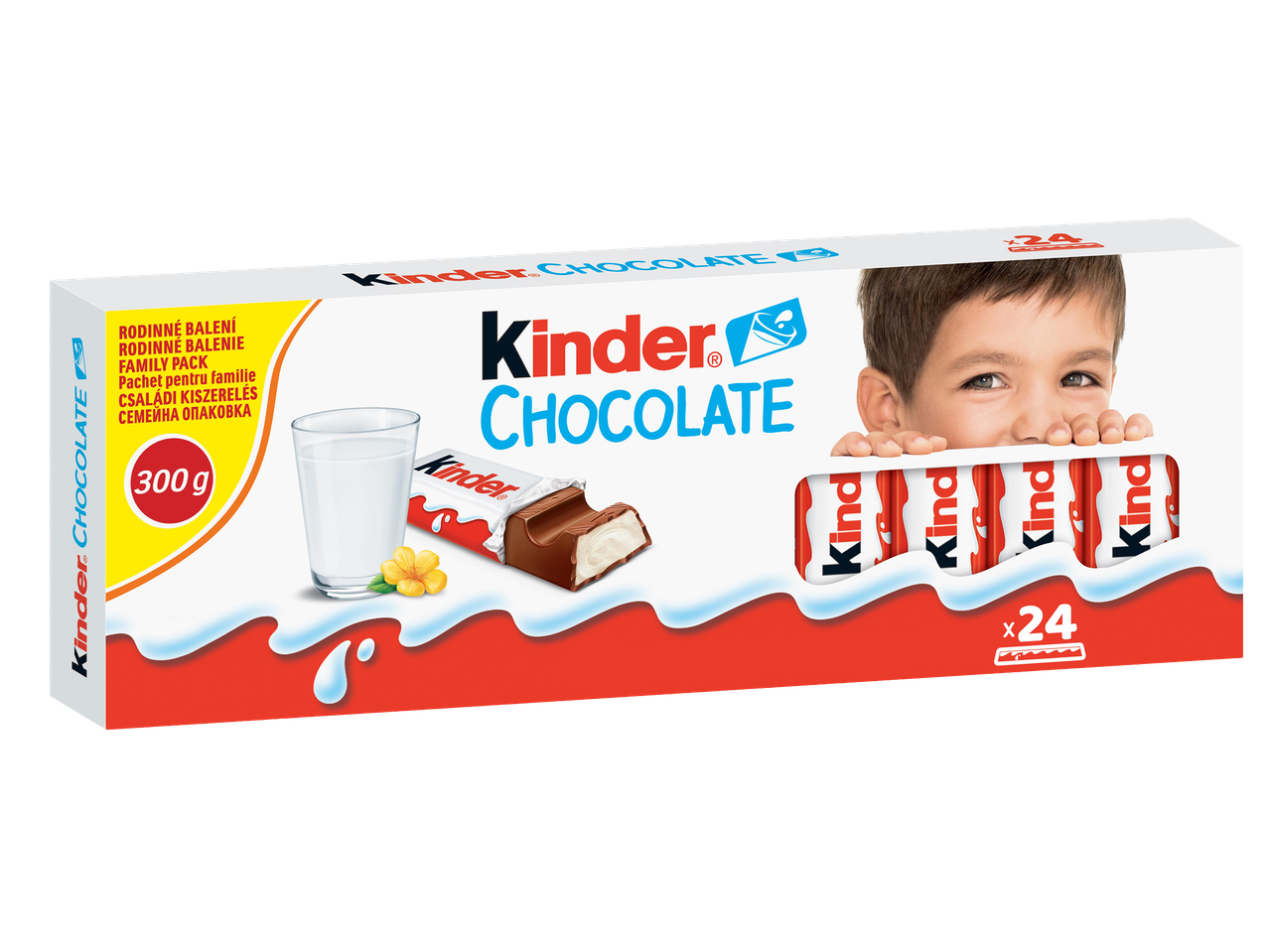 Családi csomagolású tejcsokoládé szeletek, 300g, 24 darabos kiszerelésben, tejjel és virággal.