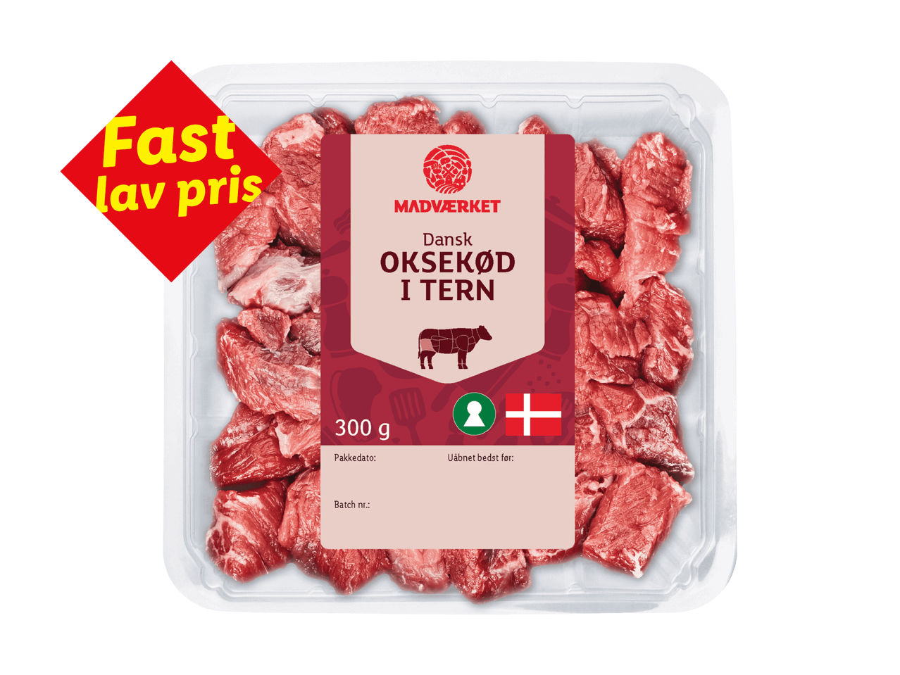 Pakke med dansk oksekød i tern, 300 g, med et rødt skilt, der siger 'Fast lav pris'.