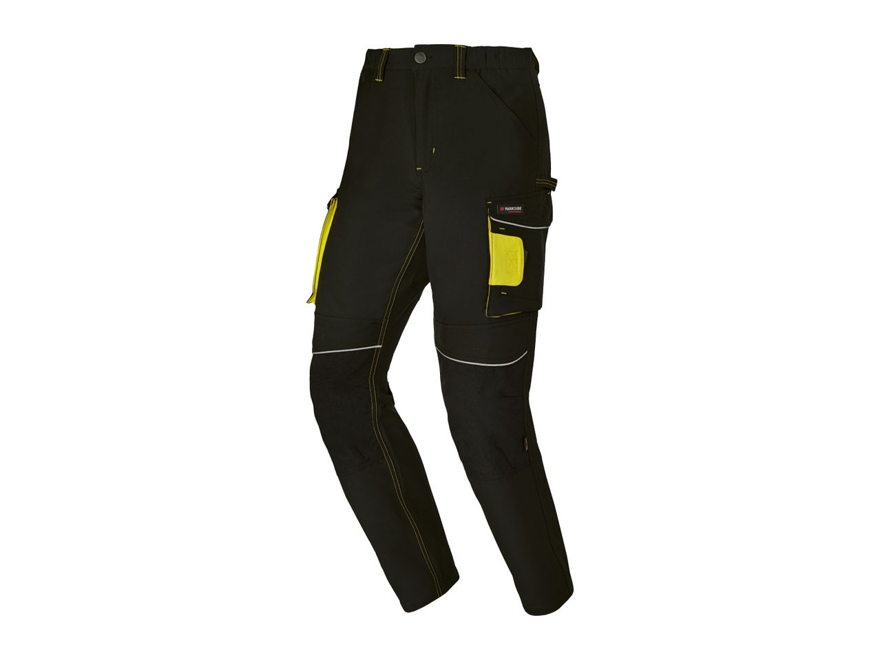 Black work trousers with yellow accents and reflective strips