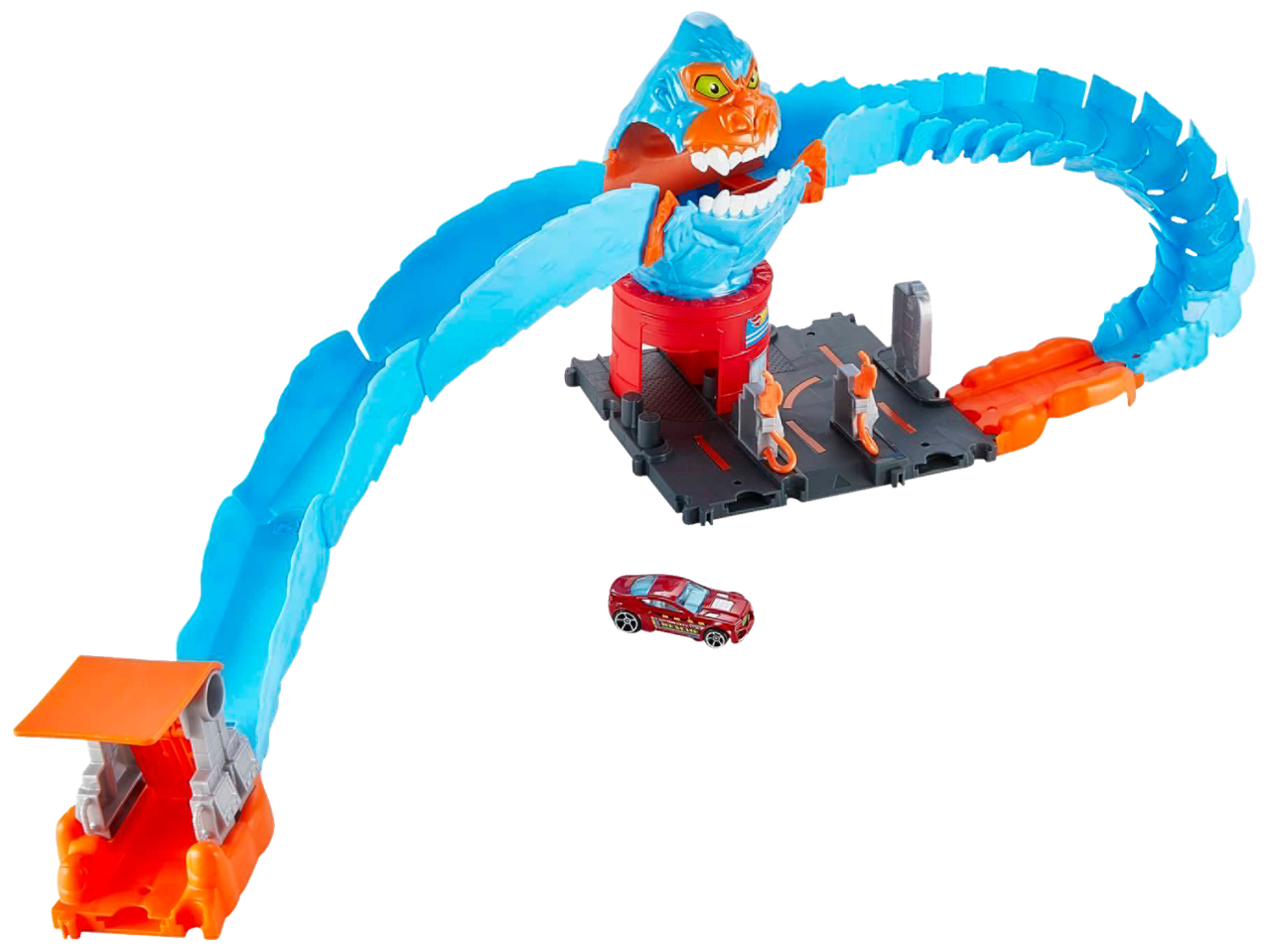 Hot Wheels Play Track sinise gorilla, punase auto ja oranžide rajadetailidega.