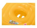 Close-up of a yellow inflatable baby swim seat with a 'Swim Safe abc' logo.