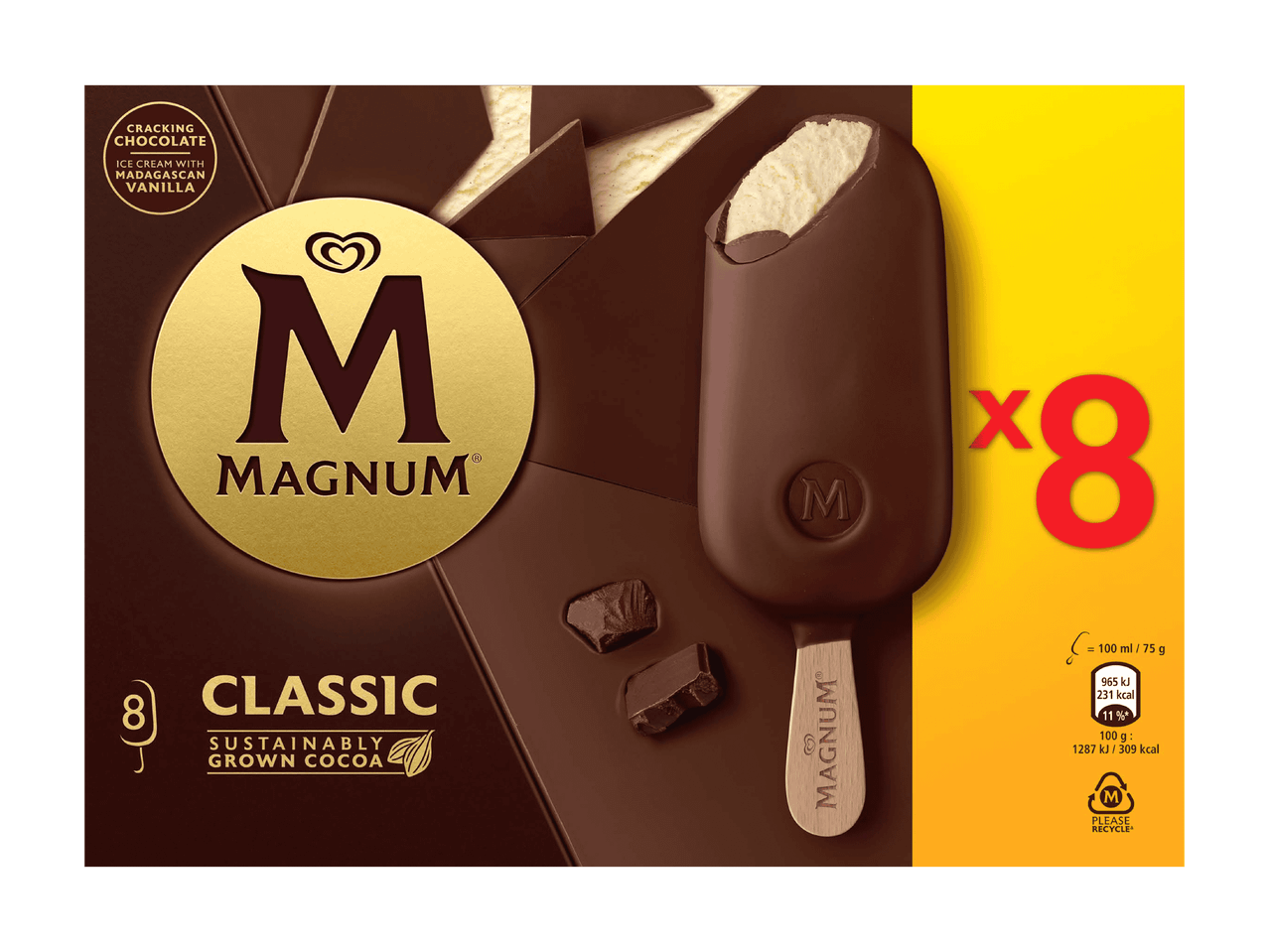 Packung klassische Schokoladen-Vanille-Eiscreme, 8 Stück, mit Nährwertangaben.