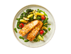 Lighthouse Bay 2 Skinless Salmon Darnes with spinach, potatoes, tomatoes, and lime.
