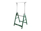 Green and silver adjustable sawhorse with a horizontal support bar