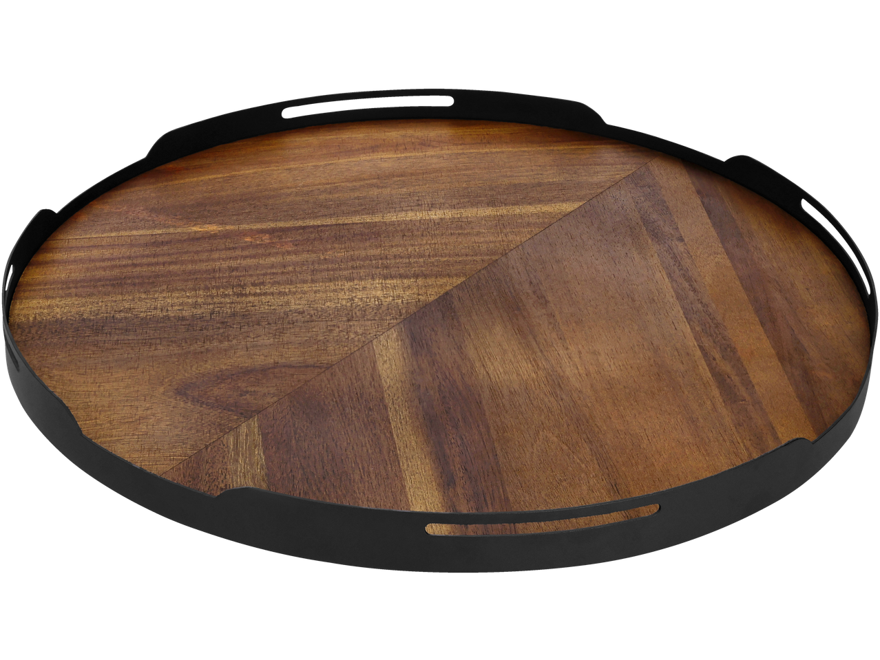 Tabuleiro de servir redondo em madeira de acácia com aro de metal preto.