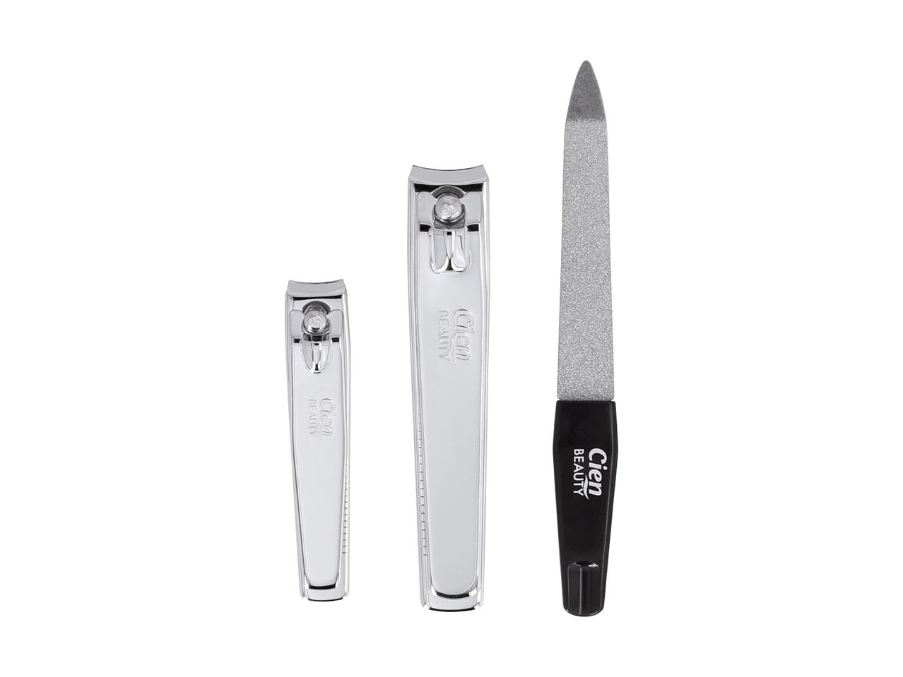 Two silver nail clippers and a black and silver nail file on a white background.