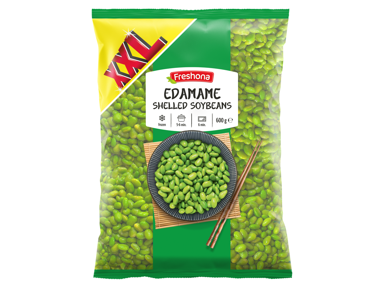 Freshona XXL Edamame lukštentos sojos pupelės 600g pakuotėje.