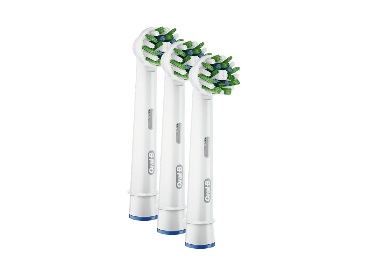 Trois têtes de brosse à dents électriques de rechange avec des poils blancs, verts et bleus.